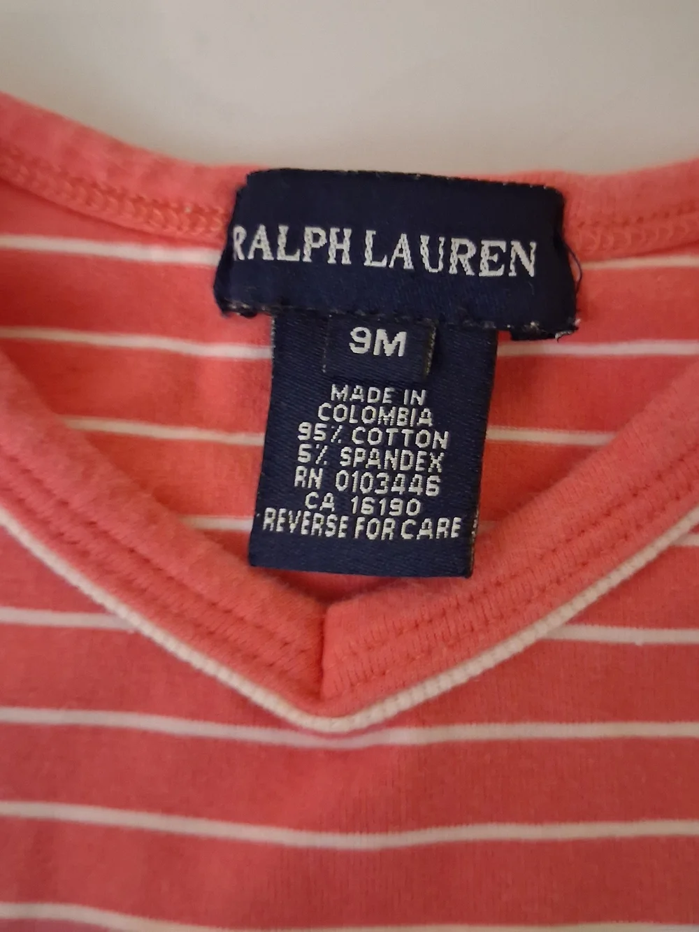 Ralph Lauren Baby Girls Coral Pink White Striped V-Neck Knit Dress 9M